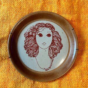 Vintage 70s Ceramic Plate | Boho Girl Portrait by Louis Bonneville | Pottery Art